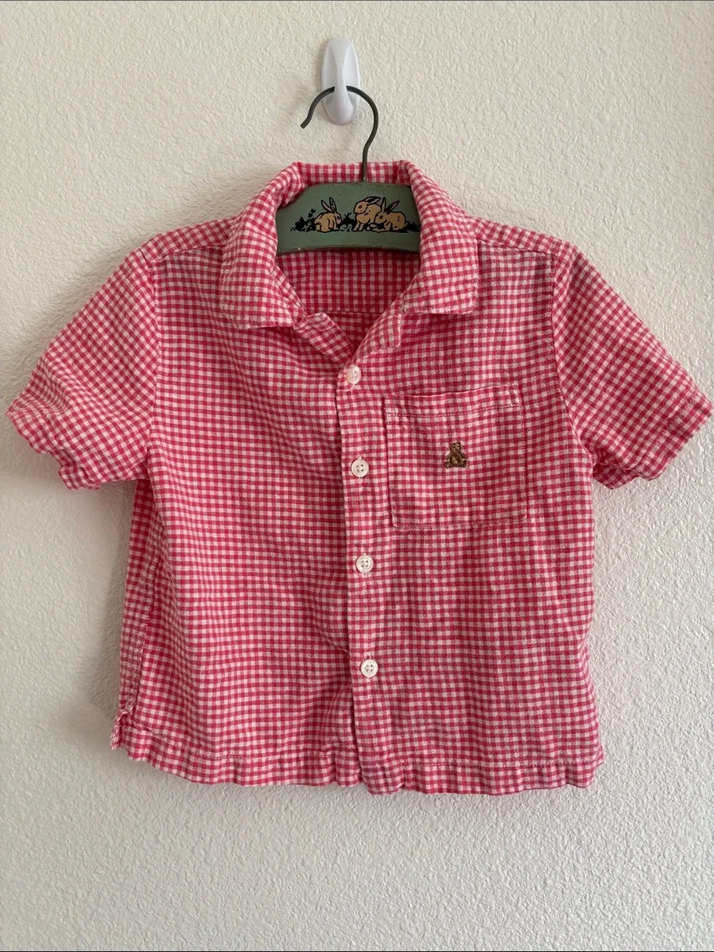 Baby Gap Cotton Linen Salmon & White Gingham Short Sleeve Button Down Shirt